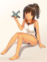 Rule 34 | 10s, 1girl, aircraft, airplane, bad id, bad pixiv id, barefoot, brown eyes, brown hair, dabadhi, feet, highres, i-401 (kancolle), kantai collection, looking at viewer, ponytail, sailor collar, school swimsuit, school uniform, short hair, sitting, smile, solo, swimsuit, swimsuit under clothes, tan, tanline, toes