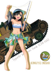Rule 34 | 10s, 1girl, :d, absurdres, barefoot, bikini, black hair, breasts, brown eyes, caterpillar tracks, character name, collarbone, fish, floating hair, full body, girls und panzer, highres, holding, long hair, medium breasts, military, military vehicle, motor vehicle, navel, nishi kinuyo, open mouth, sarong, shiny skin, simple background, smile, solo, standing, strapless, strapless bikini, swimsuit, tank, type 97 chi-ha, white background, white bikini