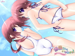 Rule 34 | 2girls, adjusting clothes, adjusting swimsuit, ass, back, bikini, blue eyes, butt crack, casual one-piece swimsuit, child, day, eyes visible through hair, flat chest, from behind, hair bobbles, hair ornament, highres, hobo-san to issho!, iizuki tasuku, light rays, looking back, multiple girls, one-piece swimsuit, pink hair, purple eyes, purple hair, red hair, short hair, siblings, side-tie bikini bottom, sideways, sisters, sunbeam, sunlight, swimsuit, thigh gap, thighs, trefoil, twins, twintails, wallpaper, wedgie, white bikini, white one-piece swimsuit, yuuki maya (hobo-san to issho!), yuuki miya