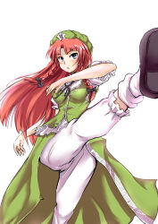 Rule 34 | &gt;:o, 1girl, :o, blue eyes, braid, chinese clothes, fighting stance, hair ribbon, hat, hong meiling, kicking, long hair, open mouth, parted bangs, puffy short sleeves, puffy sleeves, red hair, ribbon, shoes, short sleeves, shugoi, side slit, simple background, solo, star (symbol), tangzhuang, touhou, tress ribbon, twin braids, v-shaped eyebrows