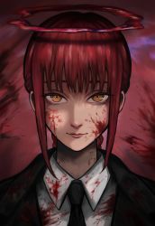 Rule 34 | 1girl, black necktie, blood, blood halo, blood on clothes, blood on face, blood splatter, braid, braided ponytail, chainsaw man, closed mouth, collared shirt, draus (drausloky), halo, highres, liquid halo, long hair, looking at viewer, low ponytail, makima (chainsaw man), necktie, portrait, red hair, red halo, shirt, sidelocks, smile, solo, white shirt, wing collar, yellow eyes