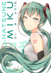 Rule 34 | 1girl, 2016, absurdres, aqua necktie, artist name, blush, breasts, character name, closed mouth, dated, detached sleeves, from side, green eyes, green hair, hatsune miku, highres, long hair, looking at viewer, medium breasts, necktie, shirt, signature, simple background, sleeveless, sleeveless shirt, smile, solo, tsukino (nakajimaseiki), twintails, very long hair, vocaloid, white background
