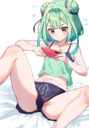 Rule 34 | 1girl, bare arms, bare legs, bare shoulders, blue shorts, blush, camisole, cellphone, closed mouth, collarbone, commentary request, dongchuan, double bun, drawstring, feet out of frame, flat chest, flying sweatdrops, green camisole, green hair, hair bun, hair ornament, highres, holding, holding phone, hololive, midriff, navel, phone, red eyes, short hair, short shorts, shorts, sitting, skull hair ornament, smartphone, solo, spaghetti strap, spread legs, uruha rushia, v-shaped eyebrows, virtual youtuber