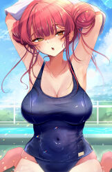 Rule 34 | 1girl, absurdres, barefoot, blue one-piece swimsuit, blue sky, blush, breasts, cleavage, cloud, collarbone, covered navel, heterochromia, highres, hinoki kahun0, hololive, houshou marine, large breasts, long hair, one-piece swimsuit, open mouth, outdoors, red eyes, red hair, sitting, sky, solo, swimsuit, teeth, thighs, virtual youtuber, yellow eyes