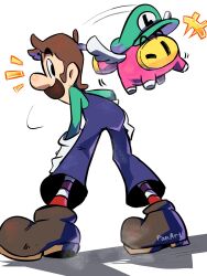 2boys blue_overalls brown_hair colored_skin facial_hair flying full_body gloves green_hat green_shirt hat highres long_sleeves looking_at_viewer looking_back luigi mario_&amp;_luigi:_brothership mario_&amp;_luigi_rpg mario_(series) multiple_boys mustache nintendo one_eye_closed overalls pink_skin shirt shoes short_hair snoutlet_(mario) socks striped_clothes striped_socks tail white_background wings ya_mari_6363