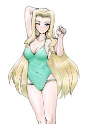 Rule 34 | 1girl, arm behind head, arm up, armpits, bare arms, blonde hair, blue eyes, blush, breasts, byte (grunty-hag1), cleavage, collarbone, earrings, facing viewer, green one-piece swimsuit, hand up, jewelry, large breasts, long hair, looking at viewer, mega man (series), mega man battle network, mega man battle network (series), one-piece swimsuit, one eye closed, princess pride (mega man), sky, solo, standing, swimsuit, very long hair, wink