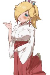 Rule 34 | 1girl, blonde hair, blue eyes, blush, crown, dot nose, earrings, hair over one eye, highres, japanese clothes, jewelry, mario (series), medium hair, miko, nintendo, purple nails, rosalina, simple background, smile, solo, star (symbol), star earrings, toggy keiichi, white background