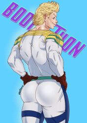 Rule 34 | 1boy, absurdres, antiboo, ass, back, bara, blonde hair, blue bodysuit, blue eyes, bodysuit, boku no hero academia, closed mouth, gloves, hands on own hips, highres, male focus, muscular, muscular male, red gloves, short hair, smile, solo, thick thighs, thighs, togata mirio, twitter username, two-tone bodysuit, white bodysuit