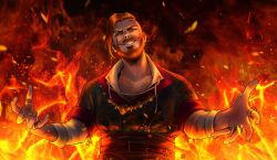 Rule 34 | 1boy, artist name, beard, dagger, earrings, facial hair, fire, freckles, green eyes, jewelry, knife, male focus, metsusan, mustache, olgierd von everec, orange hair, ring, scar, solo, teeth, the witcher (series), the witcher 3, weapon
