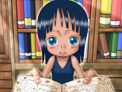 Rule 34 | 1girl, aged down, blue eyes, blue hair, blush, book, bookshelf, child, dress, female focus, holding, holding book, ichi bit, looking at viewer, matching hair/eyes, nico robin, one piece, open book, open mouth, solo, standing, sweatdrop