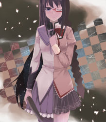 Rule 34 | 10s, 1girl, akemi homura, asymmetrical clothes, asymmetrical hair, bad id, bad pixiv id, black hair, blouse, bow, braid, breast suppress, breasts, cccpo, checkered background, closed eyes, dual persona, frilled skirt, frills, glasses, hand on own chest, hand over heart, long hair, looking at viewer, magical girl, mahou shoujo madoka magica, mahou shoujo madoka magica (anime), mirror opposites, one eye closed, pantyhose, plaid, plaid skirt, pleated skirt, purple eyes, red-framed eyewear, ribbon, school uniform, shirt, skirt, solo, split theme, standing, staring, weapon, wink