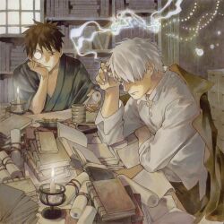 Rule 34 | 2boys, adashino-sensei, arm rest, black eyes, black kimono, book, book stack, bookshelf, brown hair, candle, cigarette, collared shirt, commentary, cup, day, drawer, elbow rest, english commentary, from above, frown, ginko, green eyes, head on hand, head rest, highres, holding, holding cigarette, indoors, japanese clothes, kimono, male focus, monocle, multiple boys, mushishi, one eye covered, open book, paper, reading, scroll, shirt, short hair, smoke, table, tamasaburo (braudraws), upper body, white hair, white shirt, window