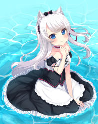 Rule 34 | 1girl, :t, absurdres, animal ear fluff, animal ears, apron, azur lane, black bow, black dress, blue eyes, blush, bow, cat ears, closed mouth, commentary request, day, detached sleeves, dress, frilled dress, frills, hair bow, hair ribbon, hammann (azur lane), hand up, highres, long hair, looking at viewer, one side up, outdoors, pout, puffy short sleeves, puffy sleeves, red ribbon, remodel (azur lane), ribbon, short sleeves, silver hair, sitting, solo, strapless, strapless dress, suzu (minagi), very long hair, waist apron, water, white apron