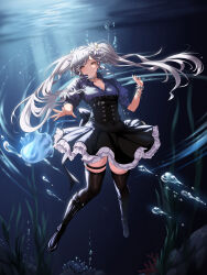 Rule 34 | 1girl, absurdres, air bubble, alternate costume, back bow, black bow, black corset, black footwear, black thighhighs, blue shirt, boots, bow, bracelet, bubble, collared shirt, coral, corset, eternity (reverse:1999), floating hair, flower, frilled skirt, frills, full body, hair flower, hair ornament, hands up, high-waist skirt, highres, jellyfish, jewelry, knee boots, layered skirt, long hair, looking at viewer, mad kimo, miniskirt, outstretched arm, outstretched hand, parted lips, puffy short sleeves, puffy sleeves, reverse:1999, rock, seaweed, shirt, short sleeves, skindentation, skirt, solo, thigh strap, thighhighs, twintails, underbust, underwater, very long hair, white footwear, white hair, yellow eyes, zettai ryouiki