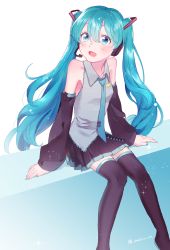 Rule 34 | 1girl, :d, aqua eyes, aqua hair, aqua nails, bare shoulders, blush, boots, detached sleeves, hatsune miku, highres, long hair, looking to the side, looking up, makimura (miwmiw-cage), nail polish, open mouth, pleated skirt, sitting, skirt, smile, solo, thigh boots, thighhighs, twintails, vocaloid