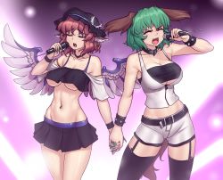 Rule 34 | &gt;:d, 2girls, :d, alternate costume, animal ears, arm up, backlighting, bandeau, bare shoulders, belt, belt buckle, bird wings, black hat, black legwear, black neckwear, black skirt, bracelet, breasts, buckle, choujuu gigaku, cleavage, closed eyes, collar, collarbone, commentary request, contrapposto, covered erect nipples, crop top, crop top overhang, dog ears, dog tail, earrings, fingernails, garter straps, gradient background, green hair, green nails, groin, hat, hater (hatater), highres, holding, holding hands, holding microphone, hoop earrings, jewelry, kasodani kyouko, large breasts, long fingernails, medium breasts, microphone, microskirt, midriff, mob cap, multiple girls, music, mystia lorelei, nail polish, navel, navel piercing, no bra, open clothes, open mouth, open vest, piercing, pink wings, raised eyebrows, revealing clothes, sharp fingernails, shiny skin, short hair, shorts, singing, skirt, sleeveless, smile, spiked bracelet, spikes, standing, stomach, strapless, tail, thigh gap, thighhighs, touhou, tube top, underboob, v-shaped eyebrows, vest, white shorts, white vest, wings, zipper