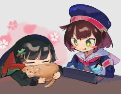 Rule 34 | 2girls, :p, armband, black hair, blush stickers, brown hair, cat, chesed (uporyz), commentary request, drawing, girls&#039; frontline, green eyes, hair ornament, hat, highres, holding, holding stylus, long hair, multiple girls, orange cat, sailor collar, scarf, short hair, sleeping, star-shaped pupils, star (symbol), stylus, symbol-shaped pupils, tablet pc, tongue, tongue out, type 100 (girls&#039; frontline), type 4 (girls&#039; frontline), upper body, white sailor collar