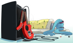 Rule 34 | amplifier, blue hair, broken, cable, futon, guitar, hatsune miku, instrument, long hair, lying, nagian, sleeping, solo, spring onion, twintails, vocaloid