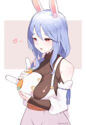 Rule 34 | 1girl, absurdres, animal ear fluff, animal ears, apron, bare shoulders, between breasts, blue hair, braid, breasts, brown background, commentary request, heart, highres, holding, hololive, large breasts, long hair, mature female, multicolored hair, namiorii, pekomama, pekomon (usada pekora), rabbit ears, rabbit girl, red eyes, short eyebrows, thick eyebrows, two-tone background, virtual youtuber, white background, white hair