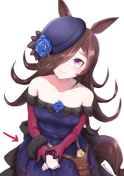 Rule 34 | 1girl, absurdres, animal ears, artist name, back bow, bar (place), becherry, black bow, blue flower, blue headwear, blue rose, bow, breasts, brown hair, cleavage, closed mouth, dagger, detached sleeves, flower, hair over one eye, highres, horse ears, horse girl, horse tail, knife, long hair, looking at viewer, looking up, medium breasts, purple eyes, rice shower (umamusume), rose, sheath, sheathed, smile, solo, tail, tilted headwear, umamusume, weapon