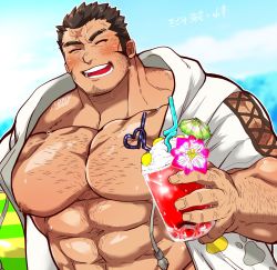Rule 34 | 1boy, abs, ball, bara, beachball, blue sky, blurry, blurry background, blush, brown hair, chest hair, commentary, crazy straw, cross-laced clothes, cross-laced sleeves, cross scar, drink, drinking straw, facial hair, heart straw, highres, holding, holding ball, holding beachball, holding drink, jacket, kizami nori to yamaimo, large pectorals, long sideburns, male focus, mature male, muscular, muscular male, nipples, no shirt, official alternate costume, open clothes, open jacket, open mouth, paw print, pectorals, scar, scar on face, scar on forehead, short hair, sideburns, sky, smile, solo, stomach, stubble, sweat, thick eyebrows, tokyo houkago summoners, upper body