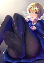 Rule 34 | 10s, 1girl, black pantyhose, blonde hair, blue eyes, blue skirt, blue sweater, blurry, braid, breasts, breath, cleavage, cup, darjeeling (girls und panzer), depth of field, feet, girls und panzer, heart, highres, looking at viewer, no shoes, open mouth, pantyhose, perspective, pleated skirt, school uniform, short hair, skirt, soles, solo, sweater, teacup, toes, zakuro0508