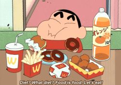 Rule 34 | 1boy, animated, animated gif, black hair, crayon shin-chan, doughnut, eating, closed eyes, food, french fries, burger, indoors, lowres, male focus, mcdonald&#039;s, nohara shinnosuke, poison, soda, solo, subtitled, truth