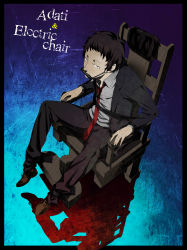 Rule 34 | 1boy, adachi tooru, arizuka (catacombe), bdsm, bit gag, black hair, blue background, bondage, bound, bound arms, character name, covered mouth, electric chair, english text, engrish text, formal, from above, gag, gagged, highres, jacket, looking at viewer, male focus, necktie, open clothes, open jacket, persona, persona 4, ranguage, red necktie, restrained, sitting, solo, suit