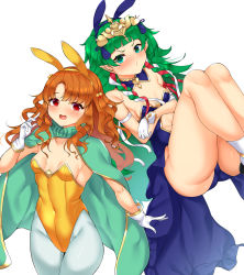 Rule 34 | 2girls, :d, animal ears, arm strap, bare legs, bare shoulders, blunt bangs, breasts, brown hair, cape, clothing cutout, commentary request, cowboy shot, daichi (tokoya), fake animal ears, fire emblem, fire emblem: radiant dawn, fire emblem: three houses, gloves, green cape, green eyes, green hair, hand up, highres, leotard, long hair, looking at viewer, multiple girls, navel, navel cutout, nintendo, open mouth, pantyhose, playboy bunny, rabbit ears, red eyes, simple background, small breasts, smile, sothis (fire emblem), standing, strapless, strapless leotard, thighs, white background, white gloves, white legwear, yellow leotard, yune (fire emblem)