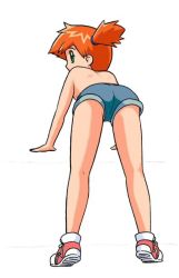 Rule 34 | 1girl, ass, bent over, creatures (company), cutoffs, denim, denim shorts, full body, game freak, green eyes, looking back, misty (pokemon), nintendo, orange hair, pokemon, ponytail, red hair, shoes, shorts, side ponytail, simple background, sneakers, solo, topless