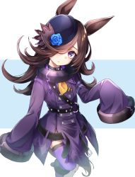 Rule 34 | 1girl, animal ears, ankle cuffs, ascot, belt, belt buckle, blue flower, blue hat, blue rose, brown hair, buckle, buttons, choker, coat, cosplay, double-breasted, flower, hair over one eye, hat, head tilt, highres, hololive, horse ears, horse girl, horse tail, la+ darknesss, la+ darknesss (cosplay), long hair, looking at viewer, m.tokotsu, o-ring, o-ring belt, parted lips, purple coat, purple eyes, purple thighhighs, rice shower (umamusume), rose, single thighhigh, sleeves past fingers, sleeves past wrists, solo, tail, thighhighs, umamusume, virtual youtuber, yellow ascot
