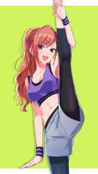 Rule 34 | 1girl, absurdres, arisugawa natsuha, breasts, commentary request, green background, hair ornament, hair scrunchie, highres, idolmaster, idolmaster shiny colors, leg hold, leg up, leggings, leggings under shorts, long hair, looking at viewer, navel, pantyhose, ponytail, scrunchie, shorts, solo, split, sports bra, standing, standing on one leg, standing split, wristband, yoi r