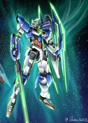 Rule 34 | 00 qan[t], commentary, full body, glowing, glowing eyes, green eyes, gundam, gundam 00, gundam 00 a wakening of the trailblazer, highres, holding, holding sword, holding weapon, light particles, looking at viewer, mecha, mobile suit, no humans, robot, science fiction, shield, shimashun, sword, twitter username, v-fin, weapon