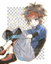 Rule 34 | 1boy, blue jacket, blush, bodysuit, bodysuit under clothes, bright pupils, brown eyes, brown hair, capri pants, commentary request, creatures (company), game freak, grey pants, grin, hat, highres, hugging own legs, jacket, male focus, nate (pokemon), nintendo, pants, parted bangs, pokemon, pokemon bw2, red hat, shoes, short hair, short sleeves, signature, smile, sneakers, solo, sparkle, teeth, upi (ukn18pkanother), visor cap, watermark, white pupils, zipper pull tab