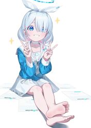 Rule 34 | 1girl, arona (blue archive), barefoot, blue archive, blue eyes, blue halo, blue shirt, blush, choker, collarbone, colored inner hair, crossed legs, double v, feet, full body, grey hair, hair over one eye, hairband, halo, hands up, highres, legs, long sleeves, looking at viewer, medium hair, multicolored hair, neckerchief, on ground, parted bangs, pink hair, ryuuforkaf, sailor collar, shadow, shirt, simple background, sitting, skirt, soles, solo, toes, v, white background, white choker, white hairband, white neckerchief, white sailor collar, white skirt