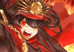 Rule 34 | &gt;:d, 1girl, :d, black hair, black hat, cape, chain, emoshon, eyes visible through hair, fate/grand order, fate (series), fire, floating hair, hair over one eye, hat, highres, long hair, looking at viewer, oda nobunaga (fate), oda nobunaga (koha-ace), open mouth, peaked cap, red cape, red eyes, smile, solo, teeth, tongue, tsurime, upper body, v-shaped eyebrows
