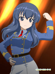 Rule 34 | 1girl, belt, black belt, blue eyes, blue hair, blue jacket, buttons, clenched hand, closed mouth, double-breasted, dress shirt, eclair (girls und panzer), frown, girls und panzer, hand on own hip, highres, jacket, long hair, looking at viewer, maginot military uniform, naotosi, necktie, pencil skirt, red necktie, shirt, skirt, solo, standing, white shirt, white skirt, wing collar