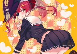 Rule 34 | 1girl, absurdres, alternate costume, ass, black headwear, black serafuku, black shirt, black skirt, breasts, checkered background, dotted background, eyepatch, finger to own chin, from behind, hair ribbon, heart, heart-shaped pupils, highres, hololive, houshou marine, huge filesize, index finger raised, long hair, long sleeves, looking at viewer, looking back, medium breasts, one eye covered, orange eyes, pleated skirt, red hair, red ribbon, ribbon, sailor collar, school uniform, serafuku, shirt, skirt, solo, star (symbol), symbol-shaped pupils, thighhighs, tonarikeru, twintails, virtual youtuber, white sailor collar