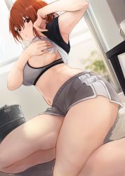 Rule 34 | 1girl, absurdres, akito (d30n26), bare legs, black shirt, breasts, brown eyes, brown hair, clothes lift, commentary request, cup, grey shorts, hands up, highres, indoors, large breasts, lifted by self, mole, mole on armpit, mug, nagi (akito), navel, on floor, original, parted lips, shirt, shirt lift, short hair, short shorts, short sleeves, shorts, sideboob, sitting, solo, sports bra, table, thighs, window, wiping sweat