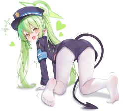 Rule 34 | 1girl, absurdres, armband, black hat, black tail, blue archive, blue armband, demon girl, demon tail, feet, full body, green halo, grey hair, halo, hat, highres, hikari (blue archive), long hair, looking at viewer, looking back, no shoes, open mouth, pantyhose, peaked cap, pointy ears, soles, solo, tail, train conductor, twintails, white pantyhose, yellow eyes, yuki kokoro
