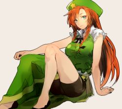 Rule 34 | 1girl, asuna (i luv), blue eyes, bow, braid, chinese clothes, grey background, hair bow, hair ornament, hat, hong meiling, long hair, looking at viewer, red hair, shirt, short sleeves, shorts, simple background, sitting, skirt, skirt set, smile, solo, star (symbol), touhou, twin braids, vest
