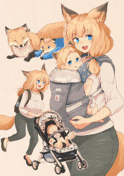 Rule 34 | 1boy, 1girl, animal ear fluff, animal ears, baby, backpack, bag, batta (kanzume quality), black pants, blonde hair, blue eyes, breasts, carrying, child, child carry, choker, denim, fox, fox ears, fox tail, jeans, large breasts, low twintails, mother and son, open mouth, original, pants, running, stroller, tail, transformation, twintails