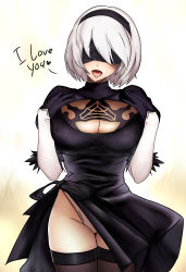 Rule 34 | 1girl, bad id, bad pixiv id, black dress, black gloves, black thighhighs, blindfold, breasts, cleavage, cowboy shot, dress, facing viewer, gloves, highres, huge breasts, leotard, lily sia, mole, mole under mouth, nier (series), nier:automata, open mouth, short hair, silver hair, smile, solo, thighhighs, tongue, tongue out, white leotard, 2b (nier:automata)