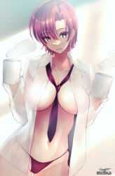 Rule 34 | 1girl, absurdres, bazett fraga mcremitz, breasts, cleavage, coffee mug, collarbone, collared shirt, cup, dress shirt, earrings, fate/hollow ataraxia, fate (series), highres, jewelry, large breasts, long sleeves, looking at viewer, mole, mole under eye, mug, navel, necktie, open clothes, open shirt, panties, parted bangs, red eyes, red hair, red panties, sanazura hiroyuki, shirt, short hair, smile, solo, thighs, underwear, white shirt