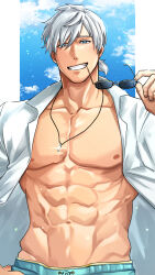 1boy abs bara bare_pectorals blue_eyes collared_shirt fate/grand_order fate_(series) grey_hair grin hair_between_eyes hand_on_own_hip highres holding holding_removed_eyewear itaru_(kidomh63) jewelry large_pectorals light_particles looking_at_viewer male_focus male_swimwear muscular muscular_male necklace nipples open_clothes open_shirt pectorals percival_(fate) percival_(summer_knight_outfit)_(fate) pillarboxed shirt short_hair smile solo sunglasses unworn_eyewear white_hair white_shirt