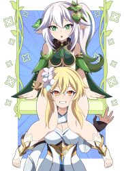 Rule 34 | + +, 2girls, absurdres, abysswatchers, barefoot, between legs, blonde hair, blue background, blush, border, breasts, capelet, cleavage, confused, cowboy shot, detached sleeves, dress, eyelashes, flower, genshin impact, gloves, green eyes, green hair, grey hair, hair flower, hair ornament, heart, heart-shaped pupils, highres, large breasts, long hair, lumine (genshin impact), multicolored hair, multiple girls, nahida (genshin impact), open mouth, partially fingerless gloves, pointy ears, polka dot, polka dot background, raised eyebrow, short hair with long locks, side ponytail, sitting, smile, socks, standing, swing, symbol-shaped pupils, thick thighs, thighs, toeless legwear, toenails, toes, two-tone hair, white border, white dress, white socks, yellow eyes