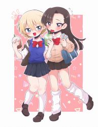 Rule 34 | 2girls, :d, alternate costume, bag, black footwear, black skirt, blonde hair, blue eyes, blue skirt, blue sweater, blush, bow, bowtie, braid, brown sweater, cardigan, carrying, commentary, cup, darjeeling (girls und panzer), dress shirt, flying sweatdrops, frown, full body, girls und panzer, holding, holding cup, issho ni oyasumi, loafers, looking at another, loose socks, miniskirt, multiple girls, nishi kinuyo, notice lines, open mouth, outside border, pink background, pleated skirt, red neckwear, school bag, school uniform, shirt, shoes, skirt, sleeves rolled up, smile, smoothie, socks, standing, standing on one leg, sweater, sweater vest, v-neck, white shirt, white socks, wing collar