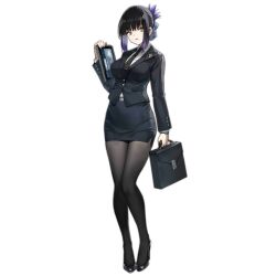 Rule 34 | 1girl, artist request, black footwear, black hair, black jacket, black necktie, black pantyhose, black skirt, blue ribbon, breasts, briefcase, colored tips, formal, full body, girls&#039; frontline, hair ribbon, high heels, holding, holding briefcase, holding tablet pc, jacket, large breasts, long sleeves, looking at viewer, morridow (girls&#039; frontline), multicolored hair, necktie, office lady, official art, pantyhose, parted lips, pencil skirt, purple hair, ribbon, shirt, short hair, sidelocks, simple background, skirt, skirt suit, smile, solo, standing, suit, tablet pc, third-party source, transparent background, watch, white shirt, wristwatch, yellow eyes