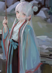 Rule 34 | 1girl, blue ribbon, brown skirt, closed mouth, double bun, fkey, green eyes, grey hair, hair bun, hand up, head tilt, highres, holding, holding stick, jacket, long hair, long sleeves, looking at viewer, open clothes, open jacket, original, outdoors, ribbon, signature, sketch, skirt, solo, stick, white hair