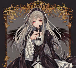 Rule 34 | 1girl, abandon ranka, black dress, black ribbon, closed mouth, dress, frilled sleeves, frills, gothic lolita, grey hair, hairband, head tilt, highres, juliet sleeves, lolita fashion, lolita hairband, long sleeves, looking at viewer, puffy sleeves, red eyes, ribbon, rozen maiden, smile, solo, suigintou, wide sleeves